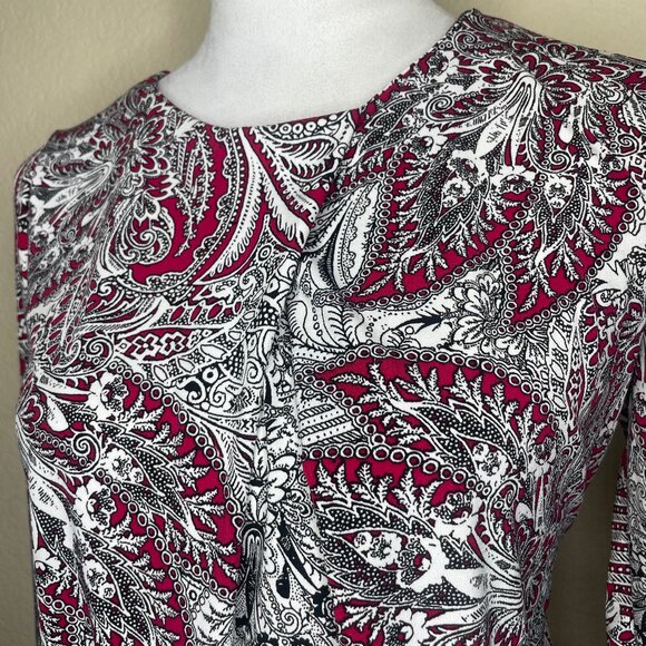 Liz Claiborne Career Burgundy Paisley Pleated 3/4 Sleeve Blouse Top Shirt Small - Picture 2 of 11